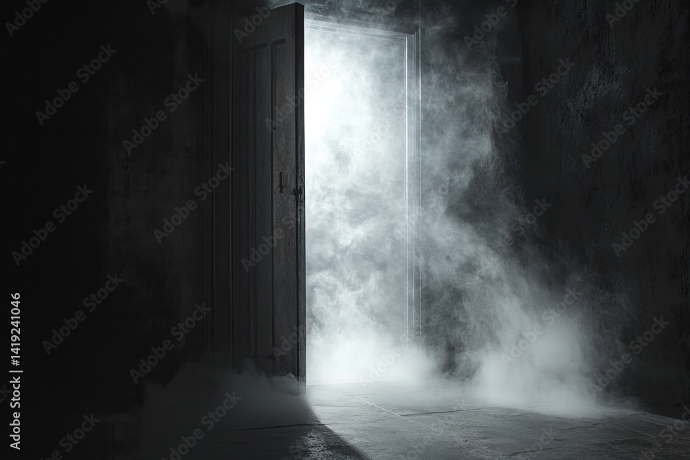 A dimly lit room, an open door reveals bright light & fog A dimly lit room, an open door reveals bright light & fog