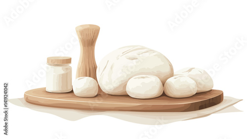 digital painting depicts a rustic still life arrangement of baking elements. There is a round loaf of artisan white bread with several small dough balls next to it.