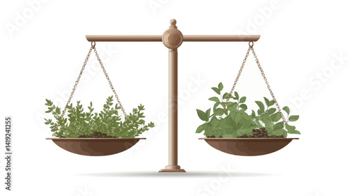 A digitally rendered illustration shows a classic wooden scale with clusters of bright green herbs on each pan.