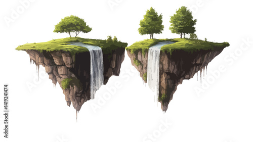 This image is a digital painting or illustration of two meticulously rendered floating islands set against a pure white background. Each island features a verdant landscape.