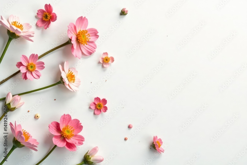 Tiny flowers scattered on a soft white surface, small, white background Tiny flowers scattered on a soft white surface, small, white background