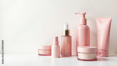 Various cosmetic containers on white backdrop, makeup, arrangement, display
