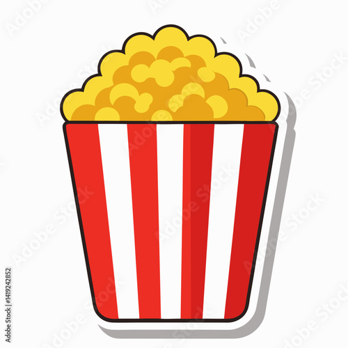 Popcorn overflowing from a red and white striped box, illustrated in a vibrant vector style.