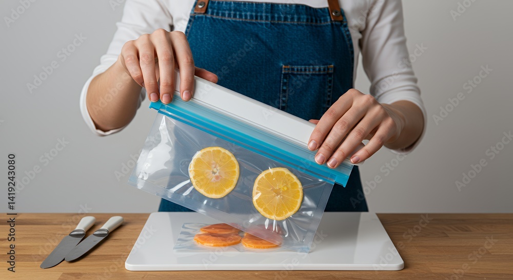 Hands Vacuum Sealing Lemon and Carrot Slices in Clear Bag on White Cutting Board