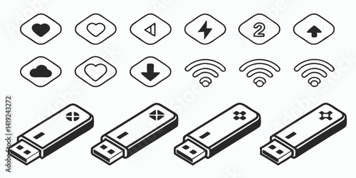 USB Drive and Connection Icons Vector with Wireless and Data Transfer Symbols