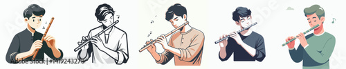 Vector collection of a young man and woman playing the flute