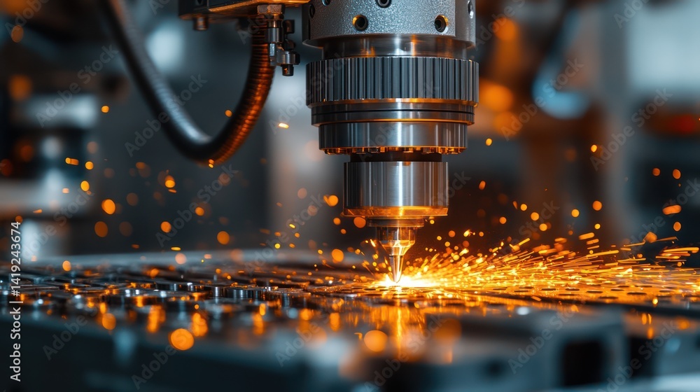 Laser cutting machine in operation with bright sparks during metal processing Laser cutting machine in operation with bright sparks during metal processing