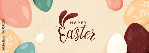 Happy Easter vector banner background. Greeting card with easter eggs, spring leaves silhouette in modern cartoon style. Lettering text sign with bunny ears. Cute creative holiday concept.