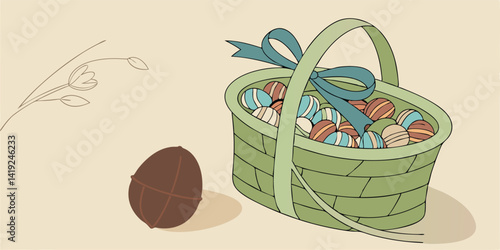 Colorful Easter Eggs Basket Vector of Easter Side Dishes with Chocolate Egg