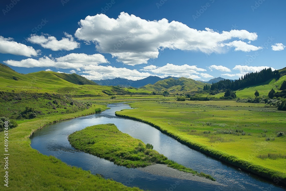 A meandering river flows through a lush green valley under a bright blue sky with puffy clouds A meandering river flows through a lush green valley under a bright blue sky with puffy clouds