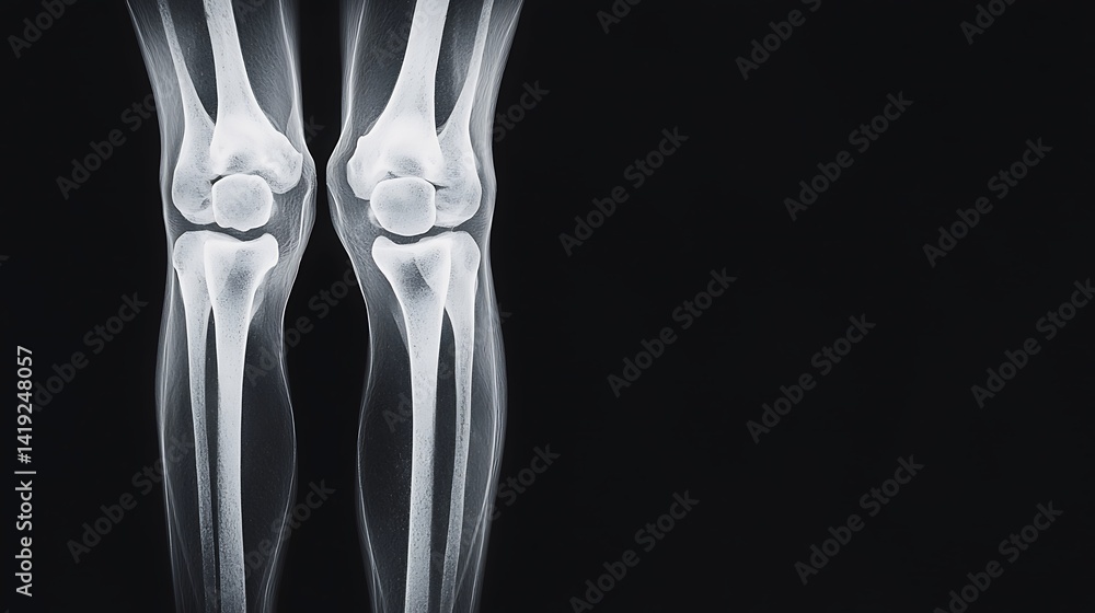 X-ray image of two human knees, showcasing bone structure and joint alignment against a black background. X-ray image of two human knees, showcasing bone structure and joint alignment against a black background.
