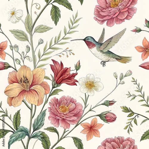 Hummingbird and Floral Seamless Pattern Watercolor Botanical Illustration, Peonies, Lilies, Hummingbird Design Floral Pattern, Botanical Illustration