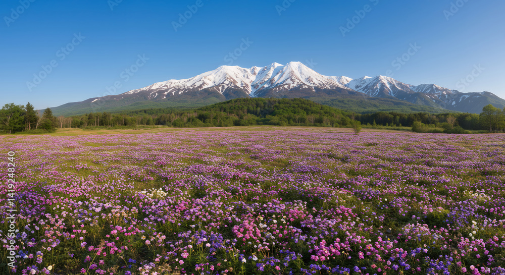 Field of Colorful Flowers with Snowy Mountain Peaks in Background Field of Colorful Flowers with Snowy Mountain Peaks in Background