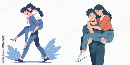 Vector collection of a Man carrying a young woman on his back