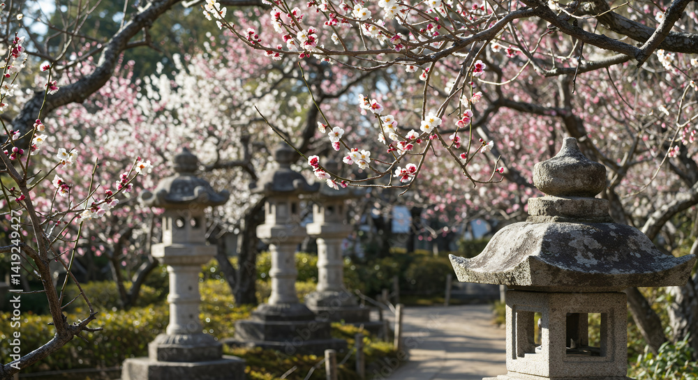 Stone Lanterns in Garden with Spring Blossoms and Pathway Stone Lanterns in Garden with Spring Blossoms and Pathway