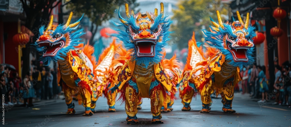 Fototapeta premium Colorful Dragon Dance Parade in City