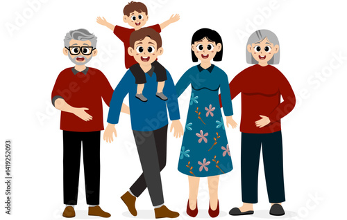 Happy family concept. Portrait of a big happy family consisting of father mother son daughter baby grandmother grandfather. Family portrait or photo