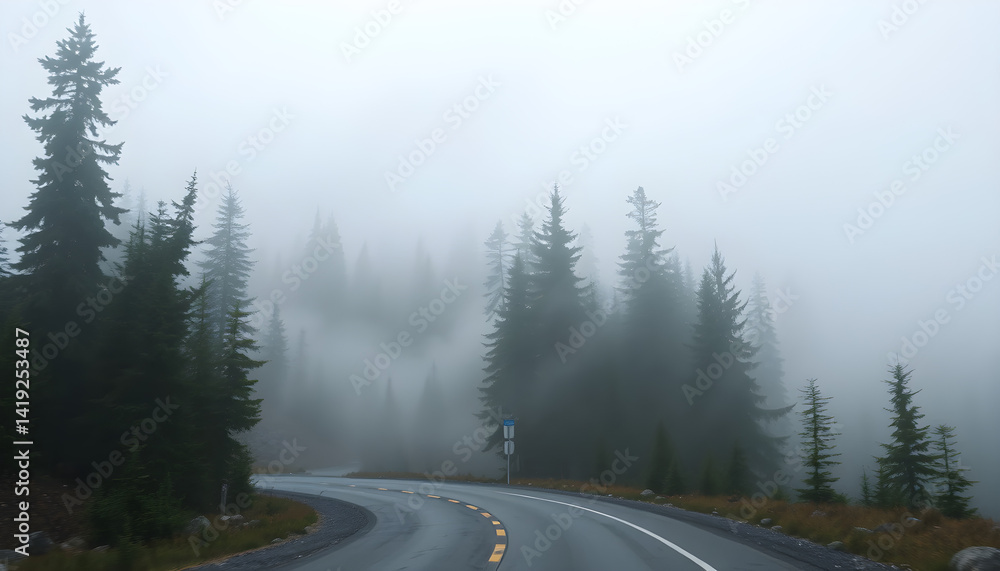 Foggy road trip through evergreen forest with scenic views and winding path for nature lovers drive Foggy road trip through evergreen forest with scenic views and winding path for nature lovers drive