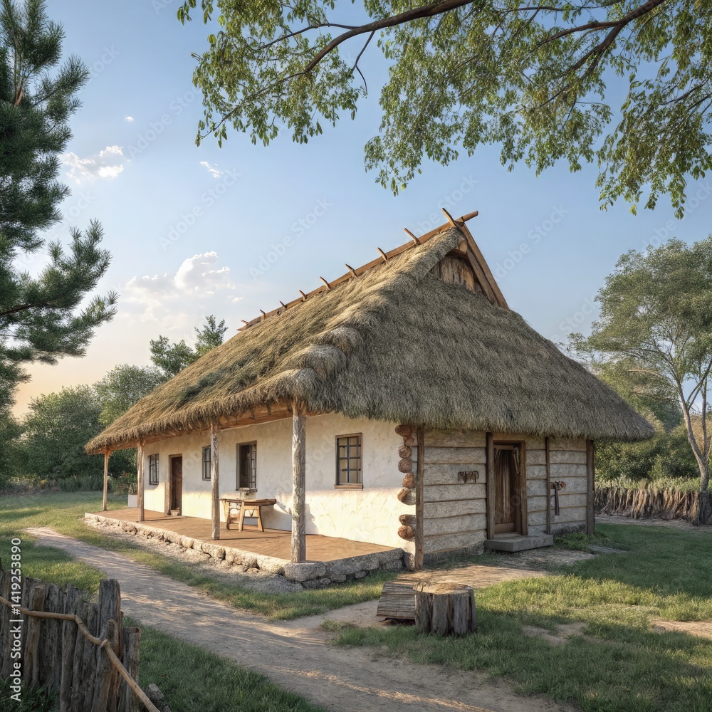 Rustic Countryside House With a Thatched Roof in a Serene Setting Generative AI Rustic Countryside House With a Thatched Roof in a Serene Setting Generative AI