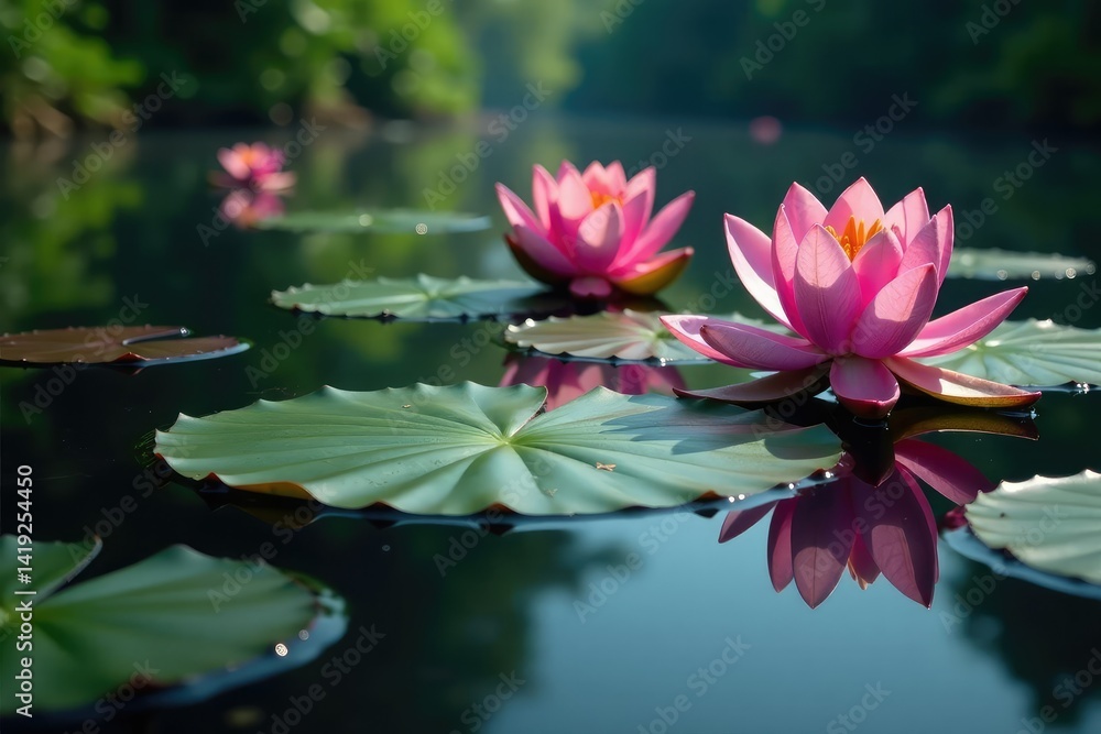 Intricate floral pattern of water plants reflected on still lake water, design element, water Intricate floral pattern of water plants reflected on still lake water, design element, water