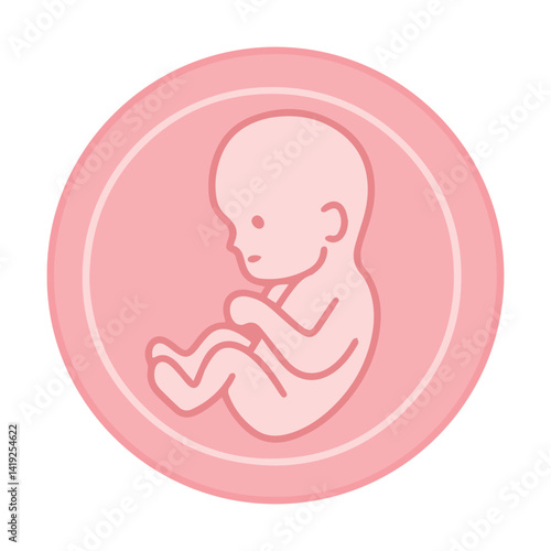 Minimal pink embryo icon inside circular shape. Simple medical and pregnancy-related illustration showing early stage of fetal development