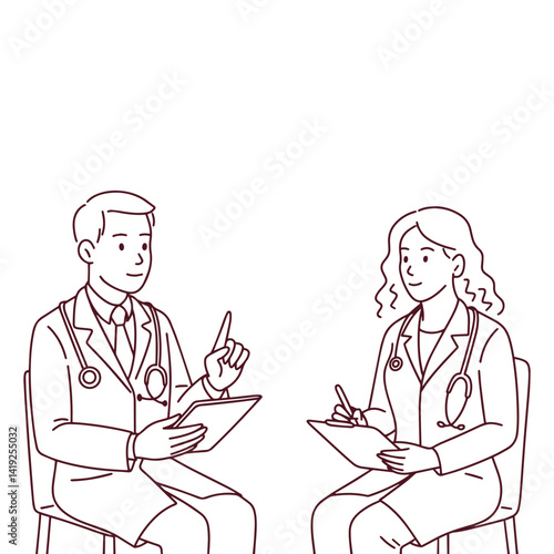 Black and white illustration of seated male and female doctors consulting each other with clipboards. Professional medical teamwork and collaboration