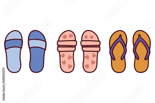 Various colorful flip flops and sandals for summer wear, arranged in a row and designed for beach or vacation use