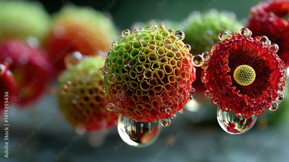 Microscopic view of vibrant plant cells interacting with nanoplastics, revealing environmental contamination at the cellular level. Microscopic view of vibrant plant cells interacting with nanoplastics, revealing environmental contamination at the cellular level.