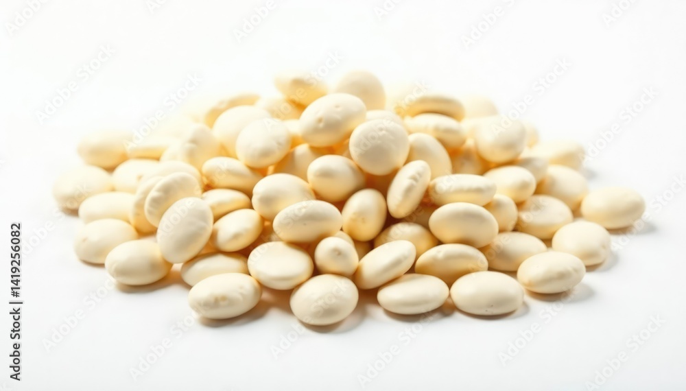 Pile of white beans against stark white backdrop, ingredient, eating, pile Pile of white beans against stark white backdrop, ingredient, eating, pile