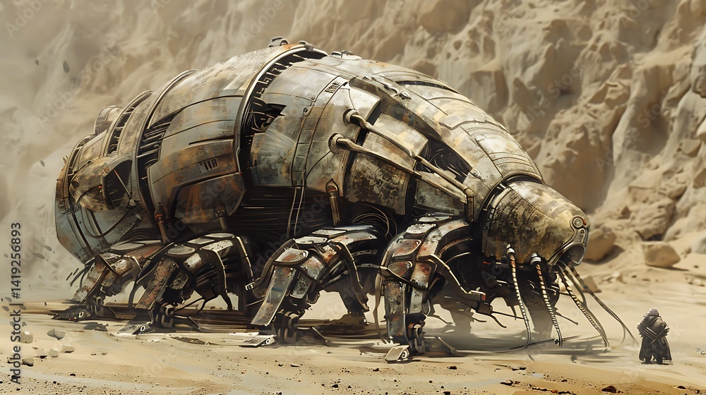 Obraz premium Futuristic Mechanical Beetle in Desert Environment with Dusty Landscape and Solitary Figure