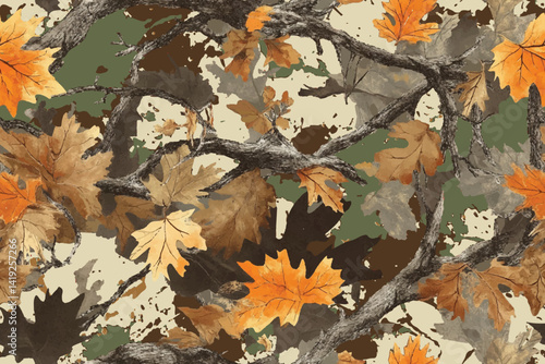 Leaves hunting camouflage pattern. Forest camouflage. Tree branches, leaves, tree pattern. Vector pattern for clothing, various products. Digital camouflage background. Forest texture