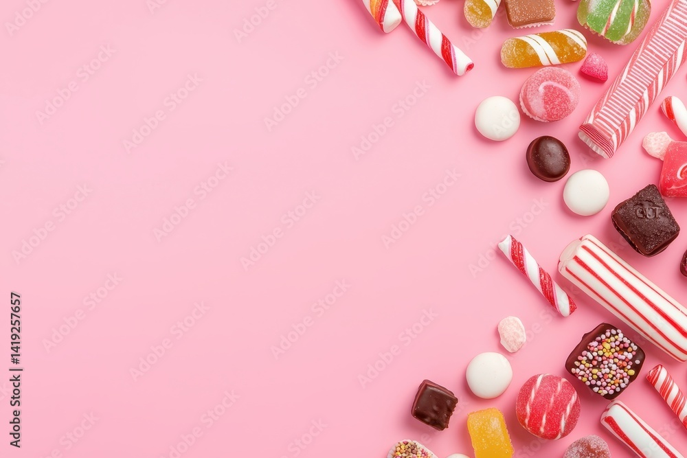 Vibrant layout of candy and bonbons, showcasing sweet treats in a clean design. Vibrant layout of candy and bonbons, showcasing sweet treats in a clean design.