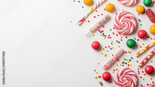 Vibrant candy bonbons on a clean white surface, showcasing colorful desserts in a visually appealing layout.