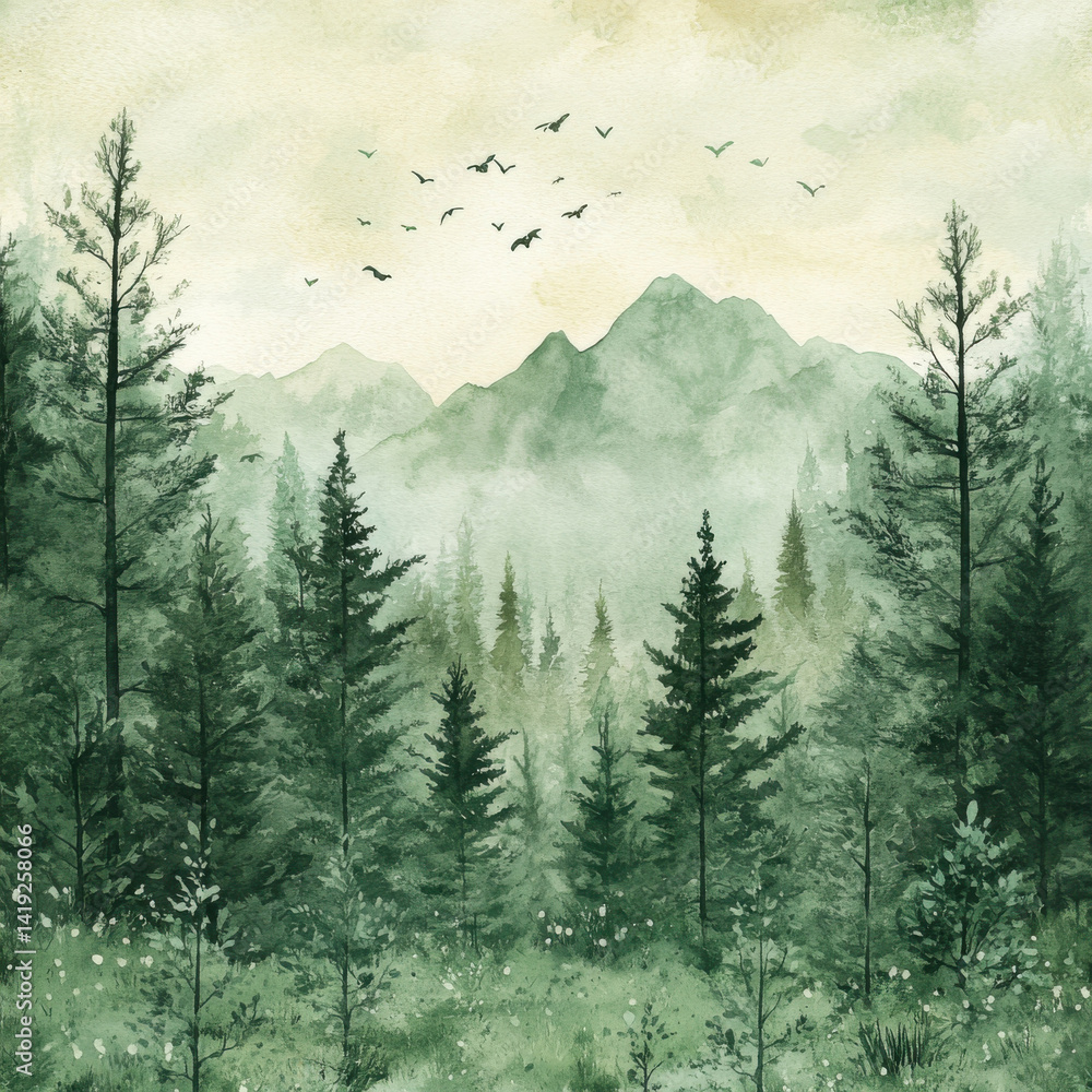 Fototapeta premium serene landscape featuring lush green trees, misty mountains, and soft sky filled with birds. watercolor style enhances tranquil atmosphere of this natural scene