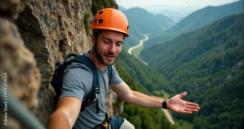 attractive young man climber smiling and make selfie on mountain. extremal guy talking by video call on stone wall. extrem jorney. active sport life. traveler gesturing hand at camera, video blog 4K.