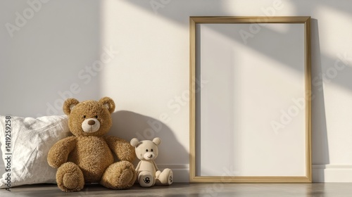 Warm sunlight creating peaceful scene with frame, teddy bear, and small bear