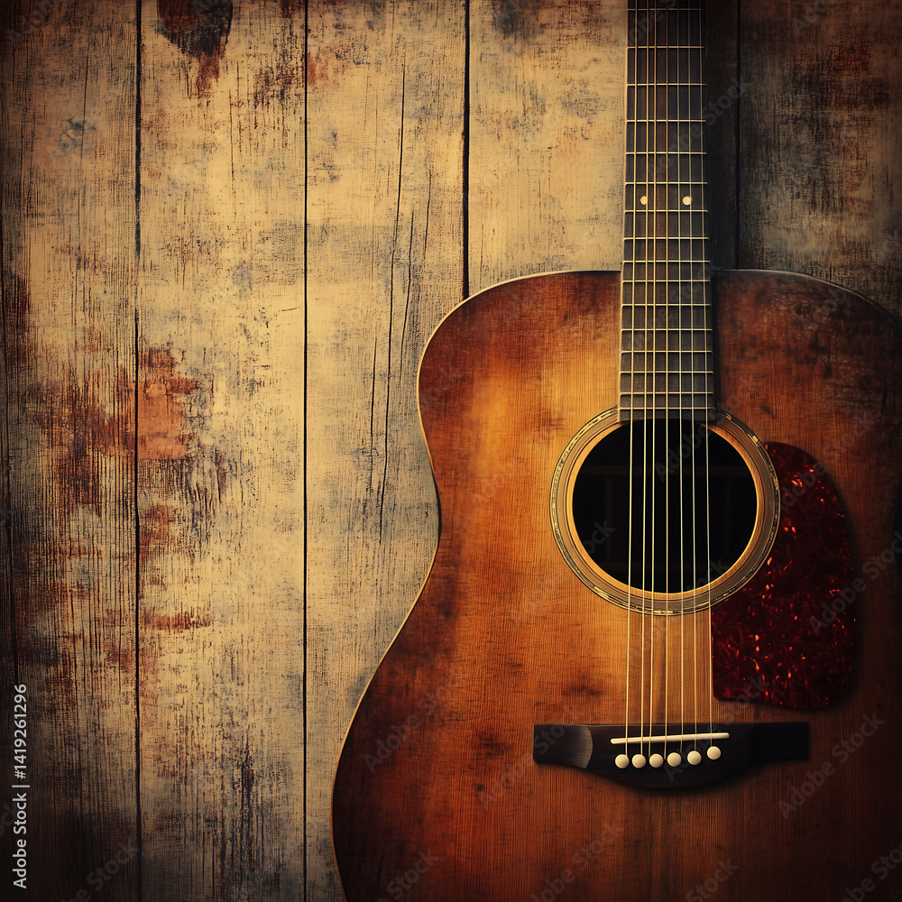 Fototapeta premium A warm, earthy background with an acoustic guitar and wooden textures. 