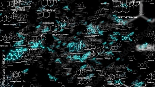 Abstract futuristic 3D animation of hormone molecule structures flying in 3D space with glowing chemical structures, depth of field effect, concept of human biology, eurochemistry and hormone balance