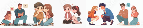 Vector collection of Young woman kneeling near angry man