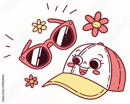 Sunglasses and Hat Cartoon with Flowers on Light Background  