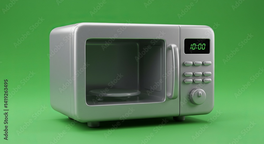 Silver microwave oven with digital display showing 1000 on green background ready for cooking food at home for convenience and fast meal preparation Silver microwave oven with digital display showing 1000 on green background ready for cooking food at home for convenience and fast meal preparation
