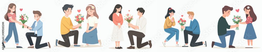 Vector collection of a happy young man kneeling down giving his female partner flowers Vector collection of a happy young man kneeling down giving his female partner flowers