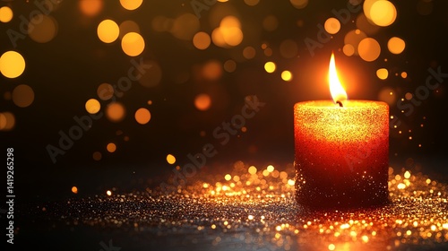 Vintage lantern and candle on Christmas background with bokeh