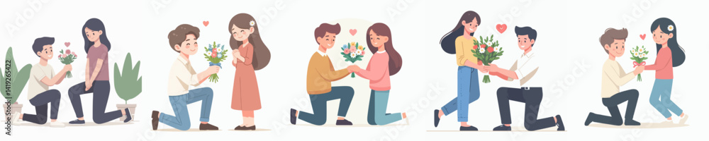Vector collection of a happy young man kneeling down giving his female partner flowers Vector collection of a happy young man kneeling down giving his female partner flowers