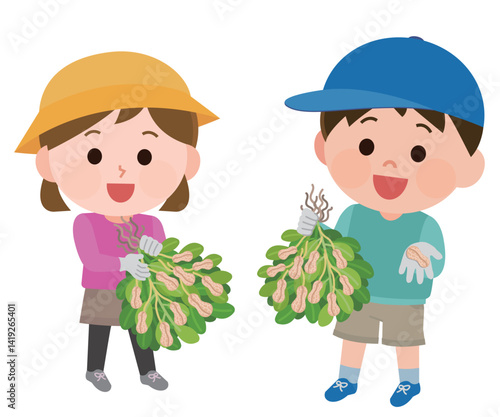 落花生狩りをする男の子と女の子　イラスト