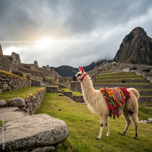 Llama Wandering Through Ancient Ruins in Cuzco, Peru Generative AI