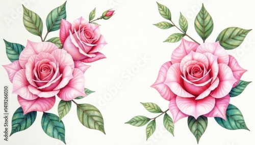 Delicate watercolor roses, intertwined leaves, soft pastel hues, flowers, floral