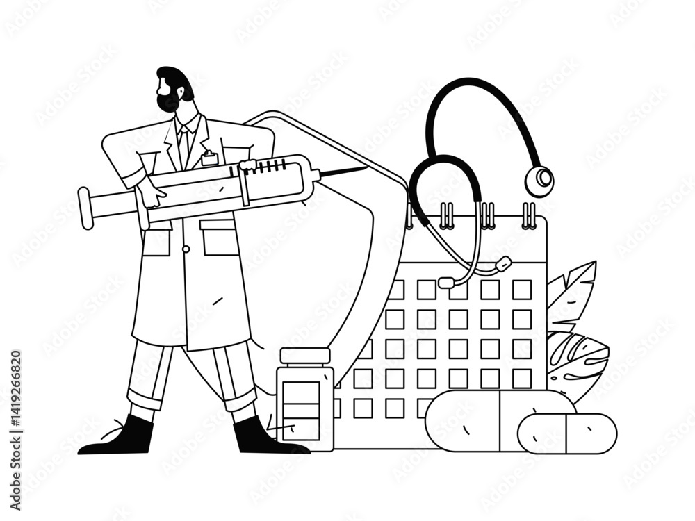 Fototapeta premium Medical characters fighting the epidemic flat vector concept operation hand drawn illustration 