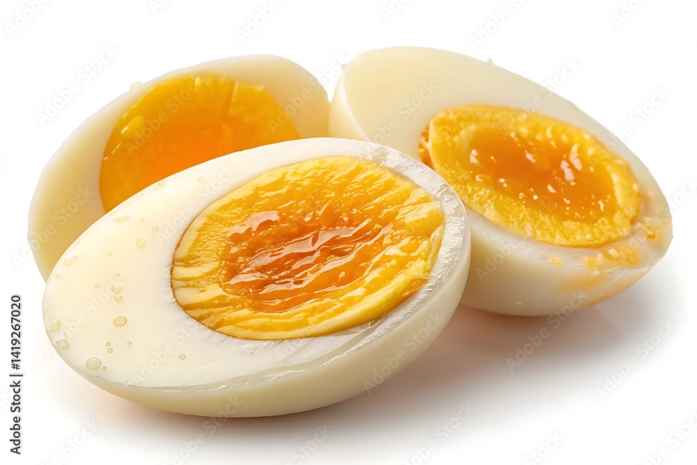 Three halved hard boiled eggs with shiny yolks on a white background Three halved hard boiled eggs with shiny yolks on a white background