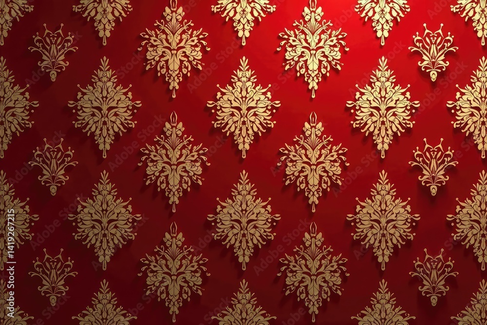 Intricate floral and leaf damask pattern in elegant gold on deep red background , motif, gold, fabric Intricate floral and leaf damask pattern in elegant gold on deep red background , motif, gold, fabric